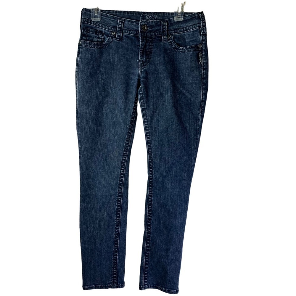Silver SUKI Skinny Jeans with Embroidered Navy Blue S on Back Pockets W 29”X31”